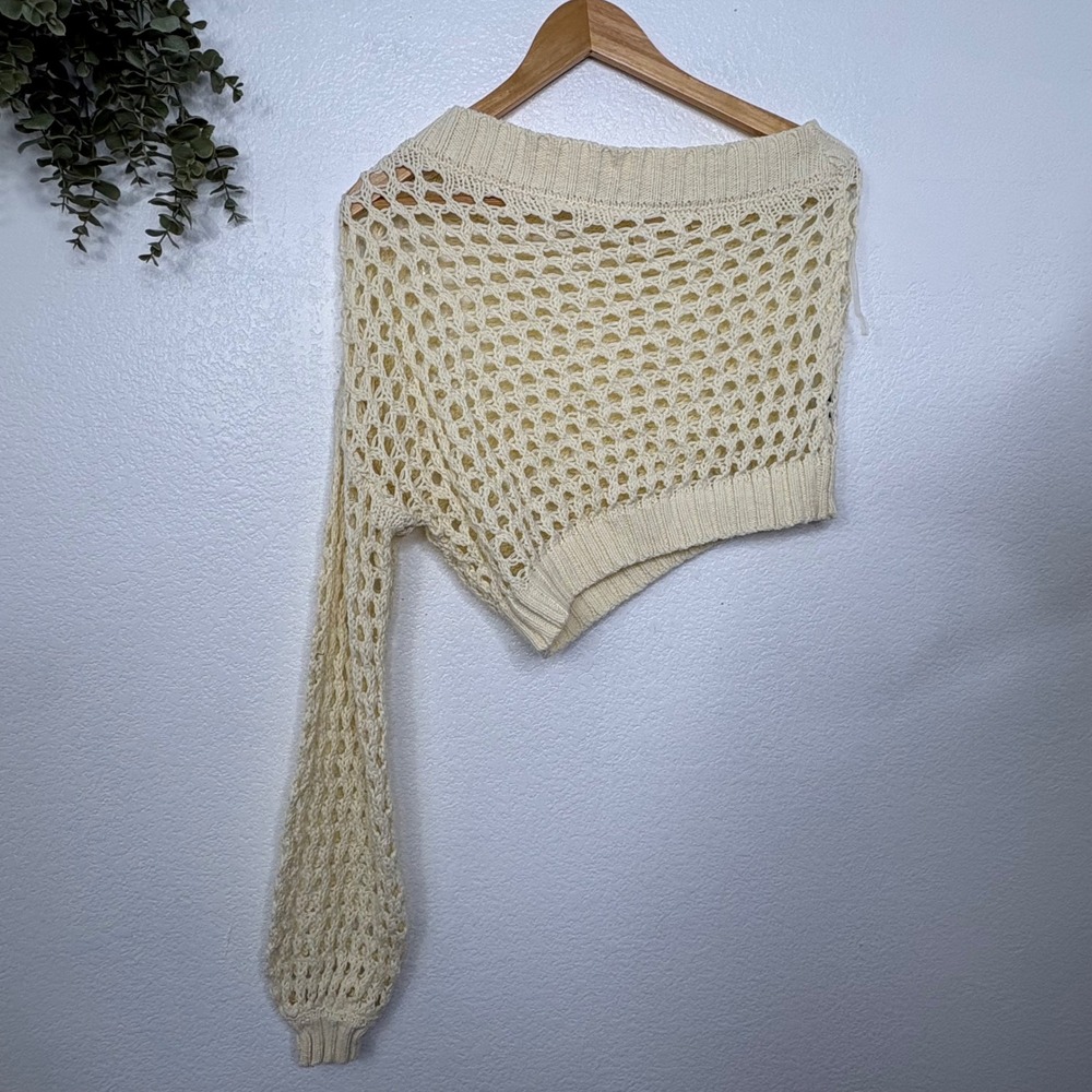 Maeve Anthropologie One Shoulder Crochet Sweater Ivory Sheer One Size Asymmetric - Picture 2 of 5